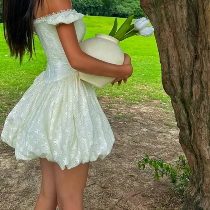 Aiertu  -  Sweet Girl Sexy Off Shoulder White Dress Summer Women Hollow Out Embroidery Party Mini Dresses Fit And Flare Birthday Robe Aiertu