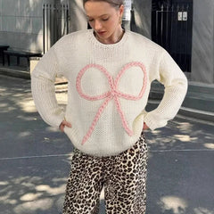 Aiertu  -  Bows Long Sleeve Knitted Sweater For Women Casual Loose O Neck Crochet Pullovers Winter New Female Splice Sweater Top Aiertu