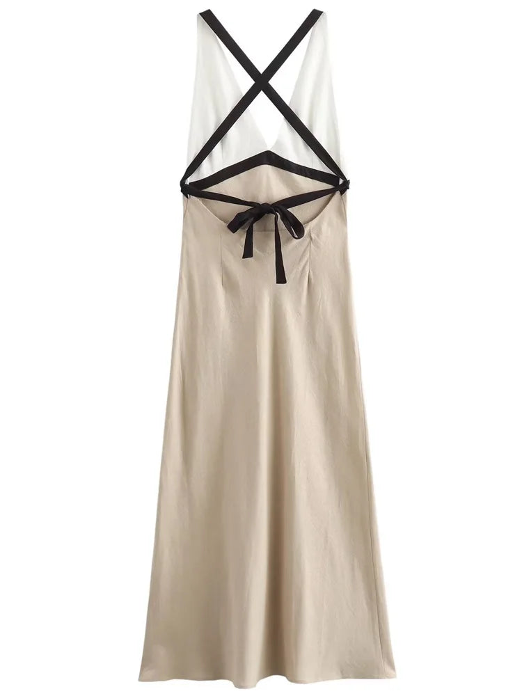 Aiertu  -  2025 Women's Dress Midi Halter Dresses Linen Bow Backless Dress Sleeveless Slip Long Vestidos Chic Elegant Vacation Dresses Aiertu