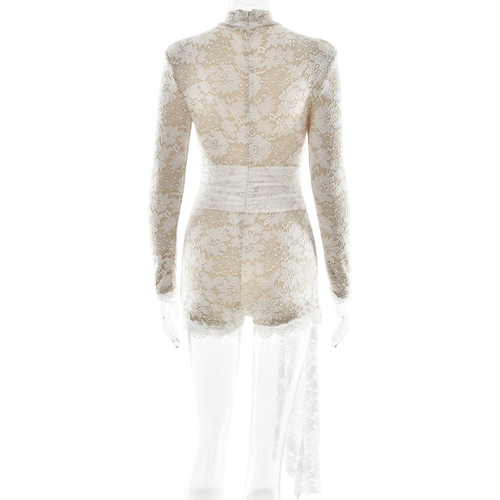 Aiertu  -  Temperament Long Sleeved Lace Patchwork Playsuit Women Fashion Round Neck Lace Up Tight Jumpsuit Summer New Rompers 2026 Aiertu