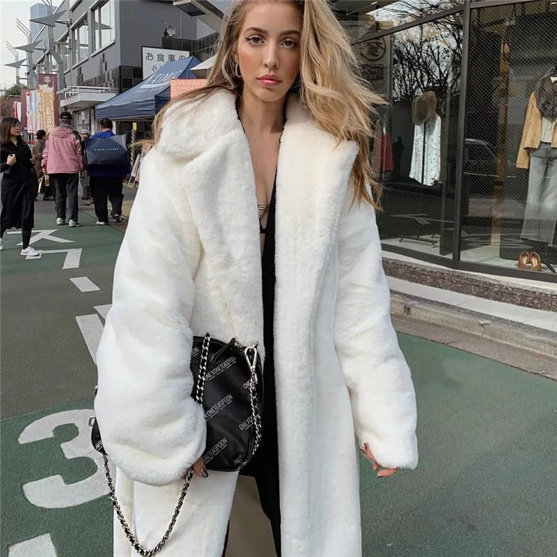 Aiertu  -  casual winter outfits Winter Long White Fluffy Warm Oversized Faux Fur Coat Women with Hood Lapel Sashes Loose Korean Fashion Outerwear Aiertu