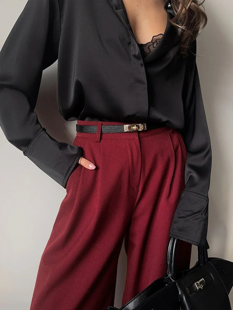 Aiertu  -  Burgundy Wide Leg Pants Women's Pocket Pleated Trousers Fashionable High Waisted Casual Loose Pants  Spring Summer New Aiertu