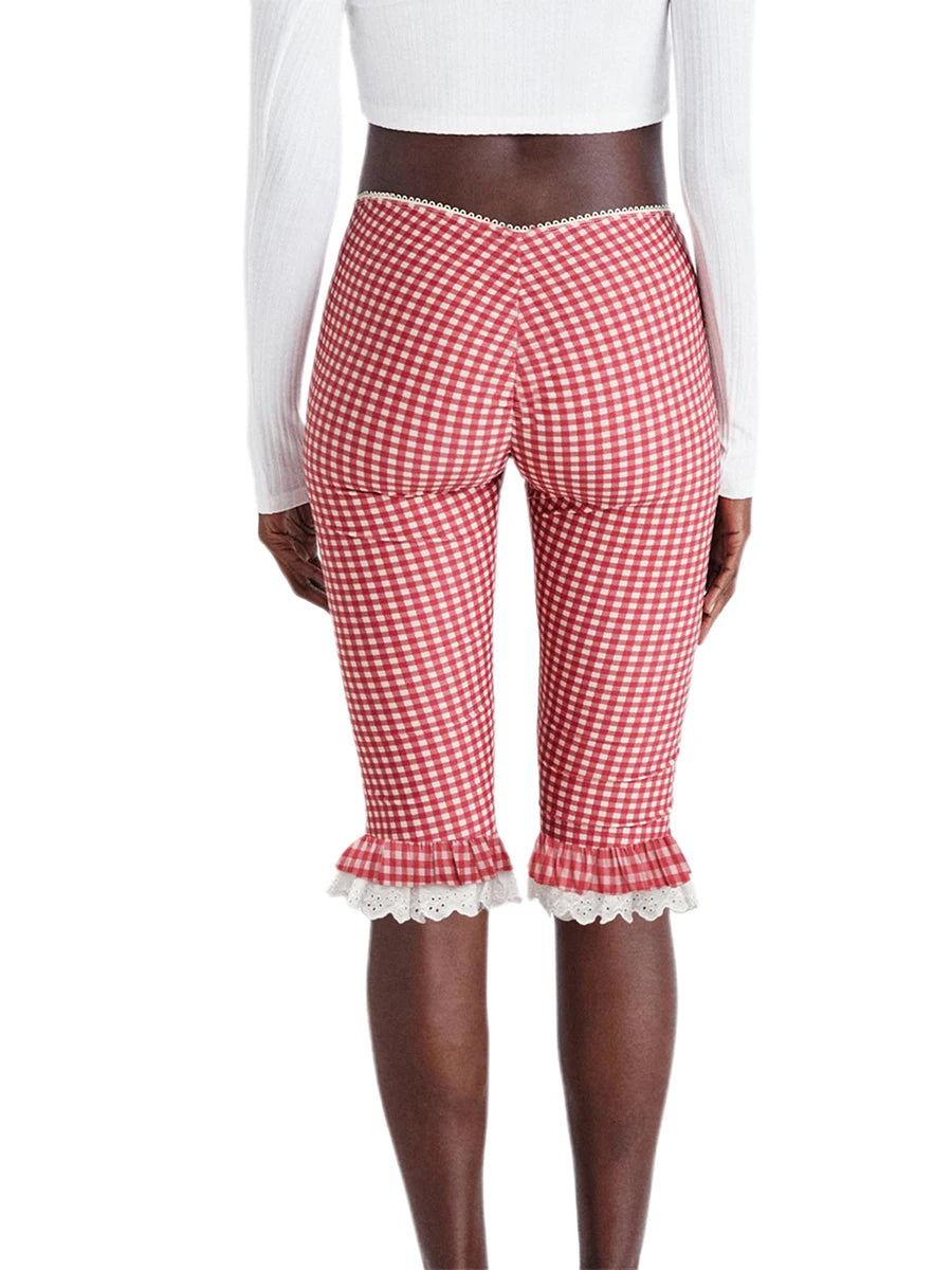 Aiertu  -  Women s Plaid Capri Pants with Lace Ruffles and Stretchy Cropped Leggings for Summer Casual Wear Aiertu
