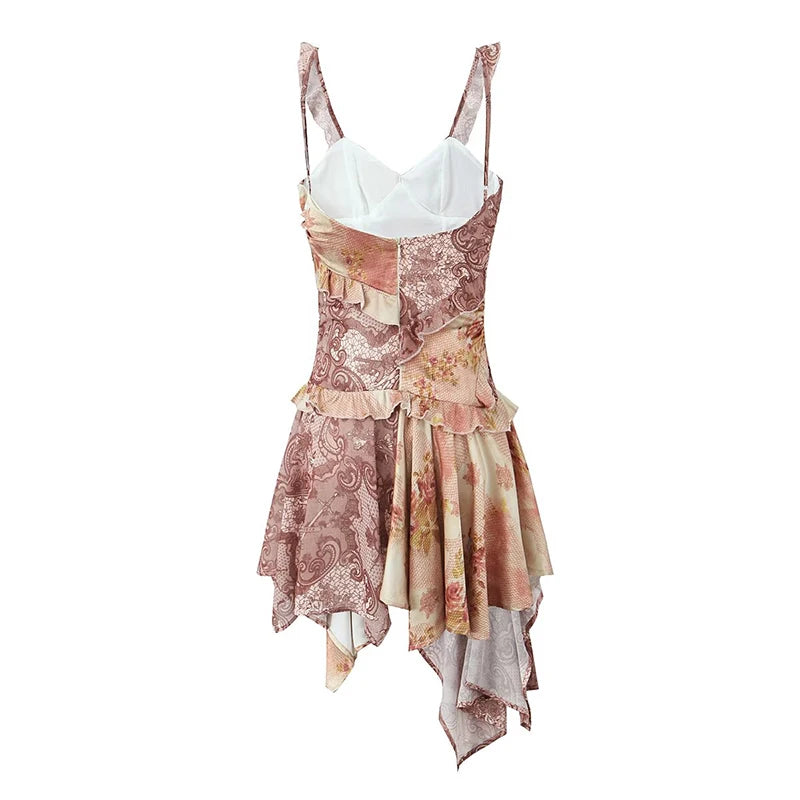 Aiertu  -  New Women Vintage Print Irregular Hem Sling Summer Beach Dresses Sexy Backless Sleeveless V Neck Short Holiday Dress Aiertu
