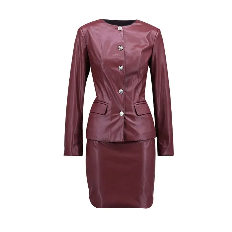 Aiertu  -  Slim PU Leather Coat Skirts Set Women Elegant O Neck Single Breasted Pocket Tops Hip Package Skirt 2026 Autumn New Lady Outfits Aiertu