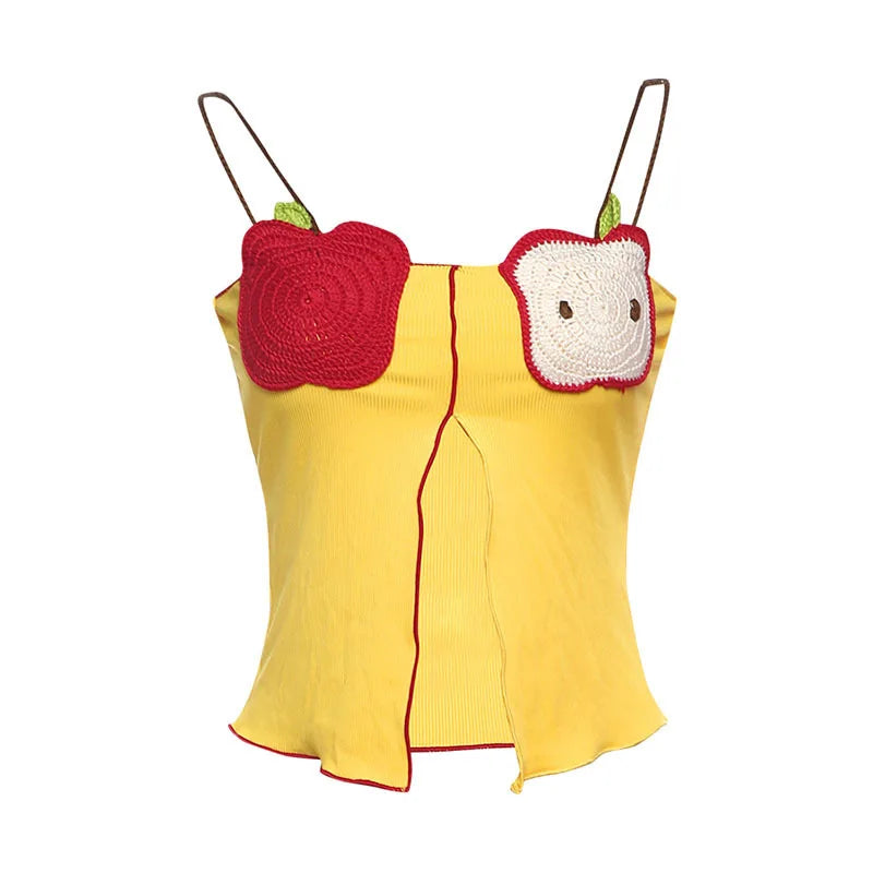 Aiertu  -  Fruit Crochet Knitted Crop Slip Top Vest Fashion Slim Fit Elastic Contrasting Color Sexy Split Women Halter Short Blouse Tank Aiertu