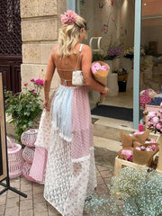 Aiertu  -  Elegant Print Perspective Lace Patchwork Long Dress Women Halter Backless Sleeveless Dresses Summer Lady Sweet High Street Robe Aiertu