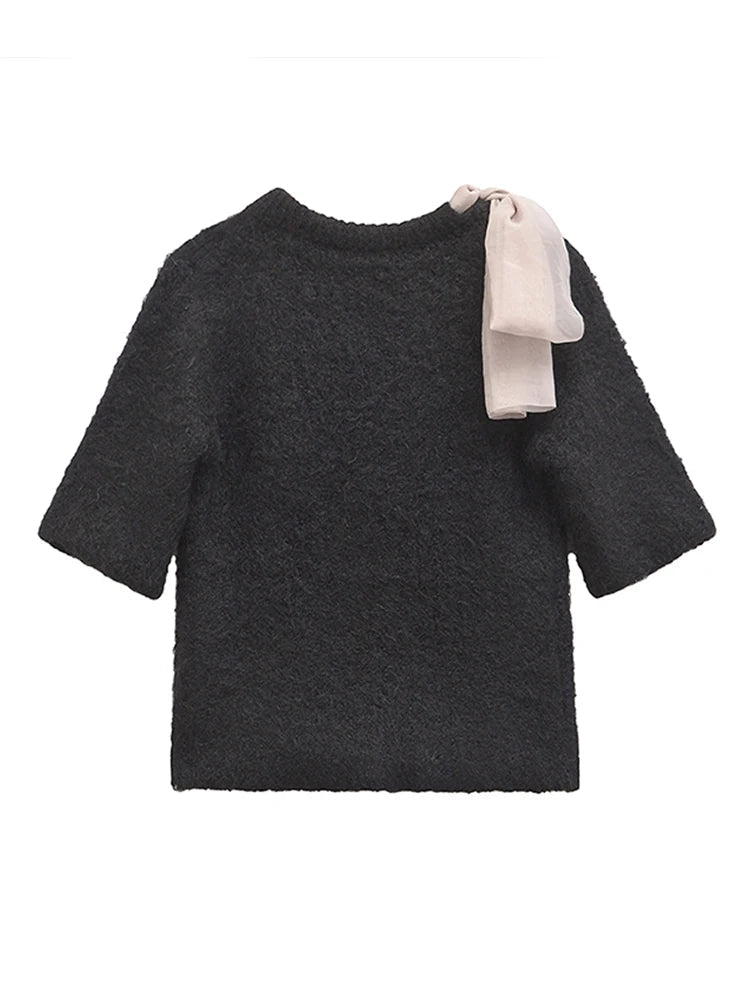 Aiertu  -  casual winter outfits Bow Patchwork Knitted Pullover Women Half Sleeve O-neck Female Sweater 2024 Autumn Winter Fashion Elegant Black Lady Knitwear Aiertu