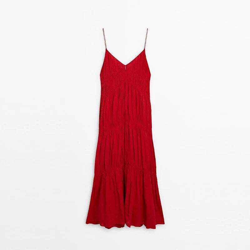 Aiertu  -  Pleated Halter Maxi Dress Women Large Skirt Hem Suspender Sexy Slimming Loose Camisole Robes Vacation Women Maxi Beach Dresses Aiertu