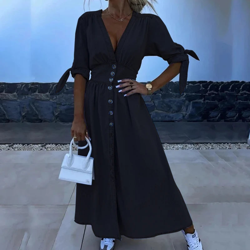 Aiertu  -  Fashion Single-breasted V-neck Denim Dress Elegant Hight Waist Tie-up Half Sleeves Party Dress Casual Solid Long Dress Vestidos Aiertu