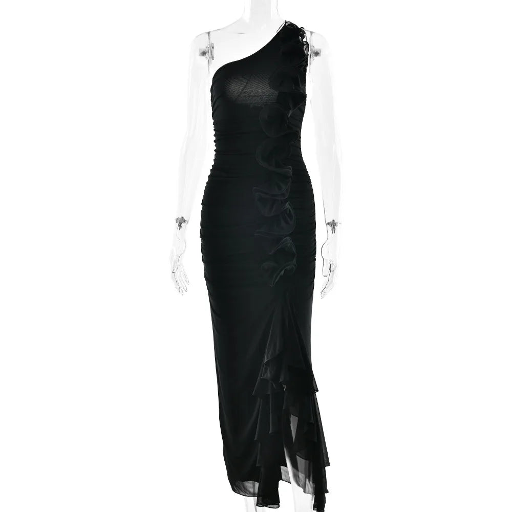 Aiertu  -  Chic Diagonal Collar Ruffles Asymmetrical Long Dress Women Summer One Shoulder Sleeveless Backless Split Vacation Party Dresses Aiertu