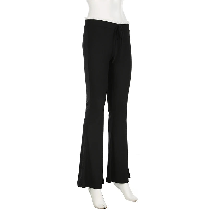 Aiertu  -  Black Knit Flared Leggings Women Kawaii Ruched Patchwork Low Rise Skinny Casual Pants for Summer Streetwear y2k Trousers Aiertu
