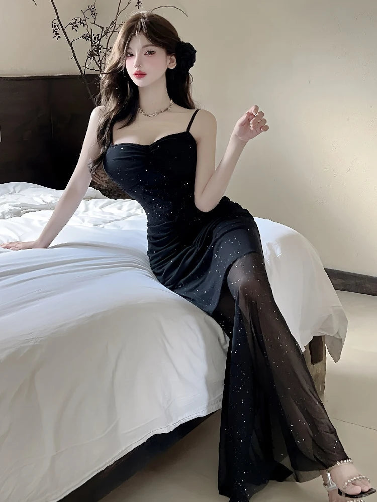Aiertu  -   Sexy Shiny Mesh Suspender Evening Dresses Women 2025 Summer Temperament Slim Fit Waist Fishtail Party Long Dress Robe Aiertu