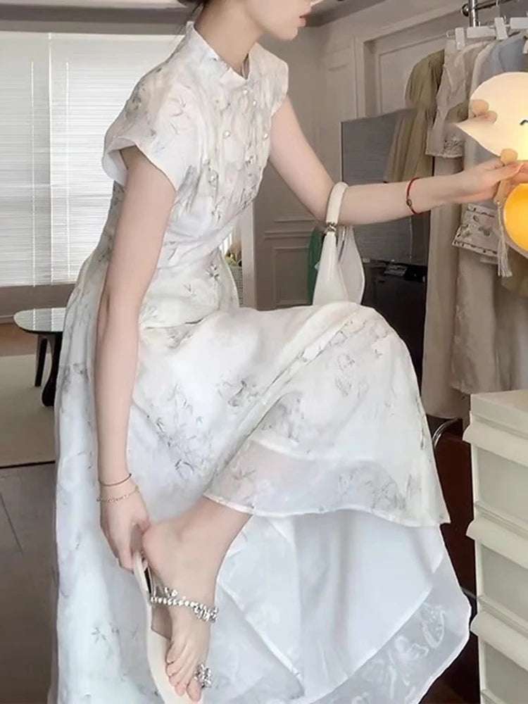 Aiertu  -  New Chinese Style White Sweet Chicly Printed Female Dresses Summer Fashion Elegant Office Ladies Simple Casual Dress for Women Aiertu