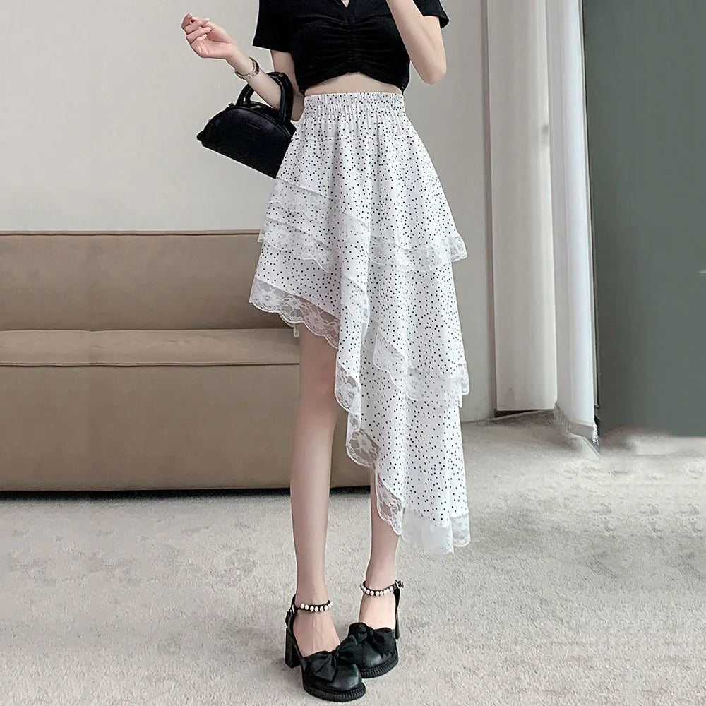Aiertu  -  Sweet Polka Dot Skirts Y2k Aesthetic Irregular Streetwear High Waist Lace Edge Long Skirt Women Fairy Sexy Harajuku Falda Mujer Aiertu