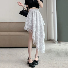 Aiertu  -  Sweet Polka Dot Skirts Y2k Aesthetic Irregular Streetwear High Waist Lace Edge Long Skirt Women Fairy Sexy Harajuku Falda Mujer Aiertu