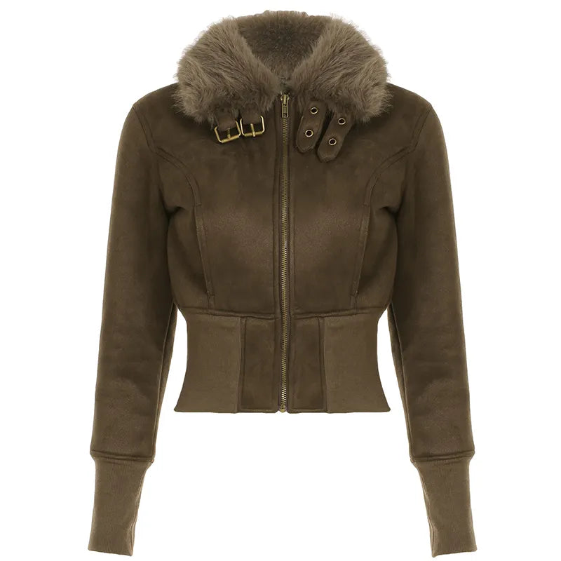 Aiertu - summer inspo Fashion Warm Chamois Women’s Jackets Long Sleeve Plus Velvet Faux Collar Zipper American Retro Thicked Coat Aiertu