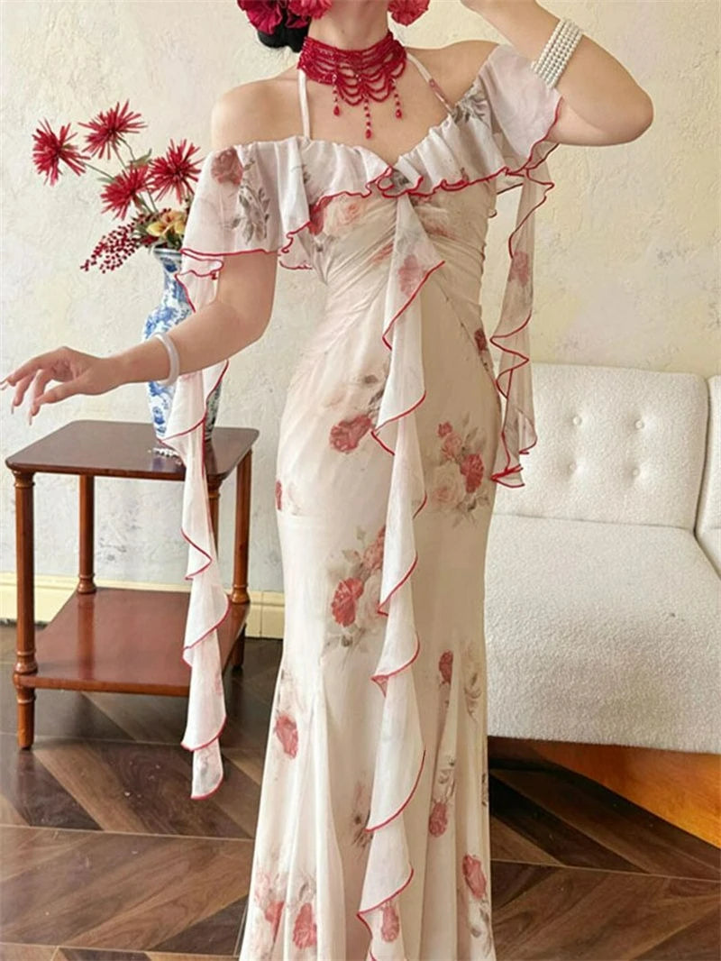 Aiertu  -  Women Off Shoulder Ruffle Maxi Dress Elegant Floral Print Slim Fit Long Dress Vintage Fairy Style Summer Party Dress 2025 New Aiertu