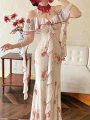 Aiertu  -  Women Off Shoulder Ruffle Maxi Dress Elegant Floral Print Slim Fit Long Dress Vintage Fairy Style Summer Party Dress 2025 New Aiertu