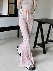 Aiertu  -  Slim Mopping Flare Pants Women High Waist Slim-Fit Printed Chic Autumn Casual Streetwear Office Lady Florals Aiertu