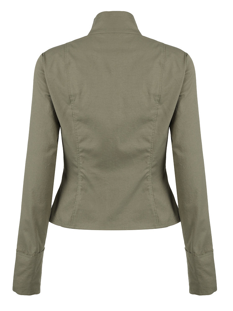 Aiertu - summer inspo Retro Green Slim Cargo Jackets Women Button Up Stand Collar Long Sleeve Autumn Korean New Fashion Outwear Aiertu