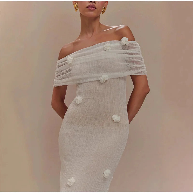 Aiertu  -  Romantic 3D Flower Gauze Dress Women Slash Neck Short Sleeves Slim Hip Package Floor-length Dresses Female 2025 Spring Summer Aiertu