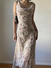 Aiertu  -Floral Print Asymmetrical Lace Trim Maxi Dress aiertu