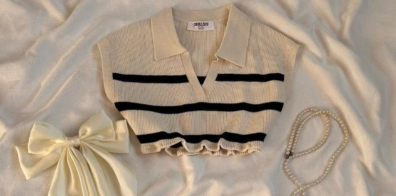 Aiertu  -  American Sweater Skirt Suit Two Piece Harajuku Women Fashionable V Neck Vest Striped Knitted Stitching Sexy Mini Skirt Short Top Aiertu