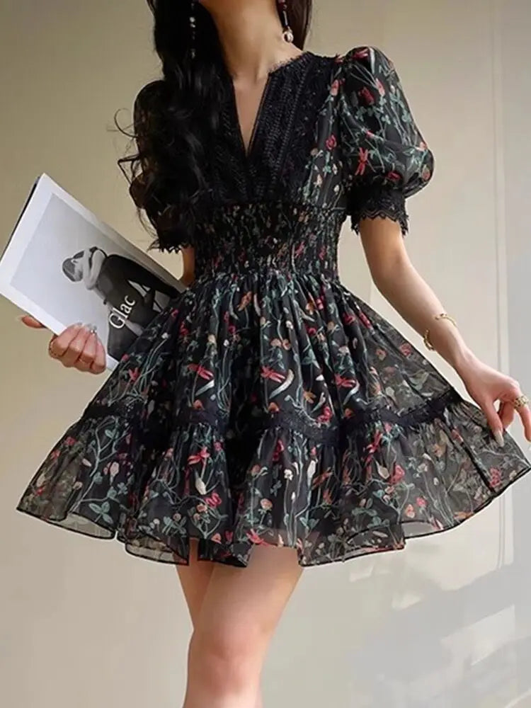 Aiertu  -  Summer Y2K Lace Trims Splice Flower Princess Short Dresses Women's Puff Sleeve V Neck Elastic Waist French Elegant Party Vestido Aiertu
