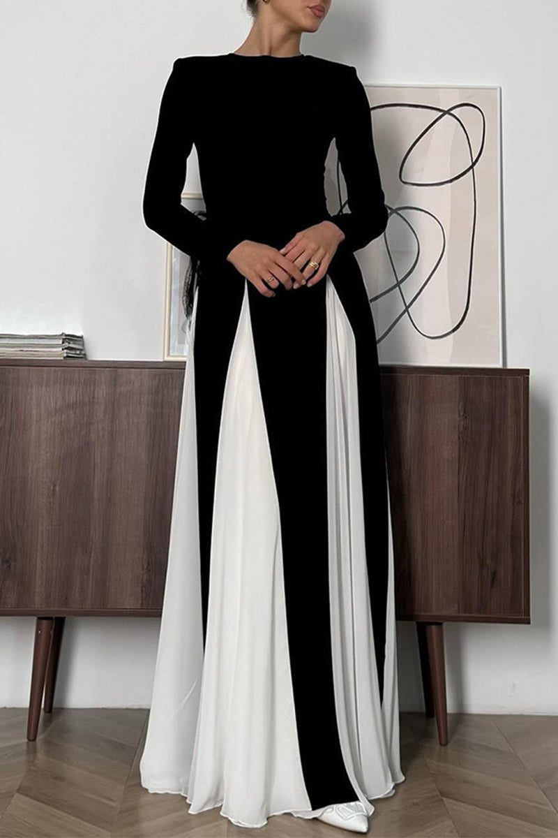 Aiertu  -  Elegant Solid Color Contrast O Neck Long Dresses Aiertu