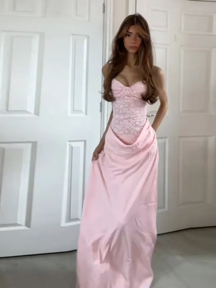Aiertu  Pink Lace Patchwork Sling Dress Women Sexy Sleeveless Tube Top Pleated Party Long Dresses Lady 2025 Fashion Evening Slim Robe Aiertu