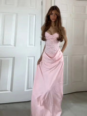 Aiertu  Pink Lace Patchwork Sling Dress Women Sexy Sleeveless Tube Top Pleated Party Long Dresses Lady 2025 Fashion Evening Slim Robe Aiertu