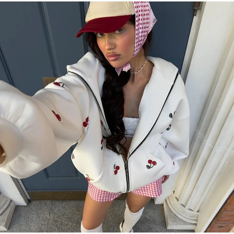 Aiertu  -  Cherry Printed Sweatshirt  Women Hooded Zipper Full Sleeve Thicken Lady Coats 2025 Spring Autumn Fashion Female Jacket Tops Aiertu