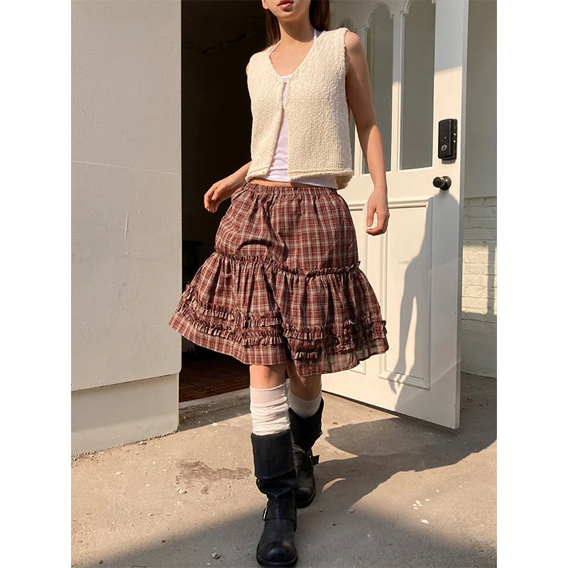 Aiertu  -  Vintage Plaid Mini Skirt Women Japanese Harajuku Ruffles Patchwork Black Skirts Summer High Waist Casual A Line Faldas New Aiertu