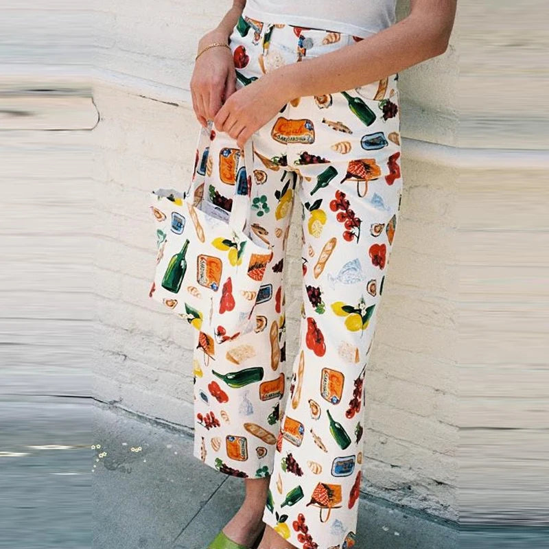 Aiertu  -  Women Fruit Tapas Print Wide Leg Jeans Casual Loose Denim Pants Trousers with Pockets Retro Y2K Aesthetic Pants Streetwear Aiertu