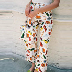 Aiertu  -  Women Fruit Tapas Print Wide Leg Jeans Casual Loose Denim Pants Trousers with Pockets Retro Y2K Aesthetic Pants Streetwear Aiertu