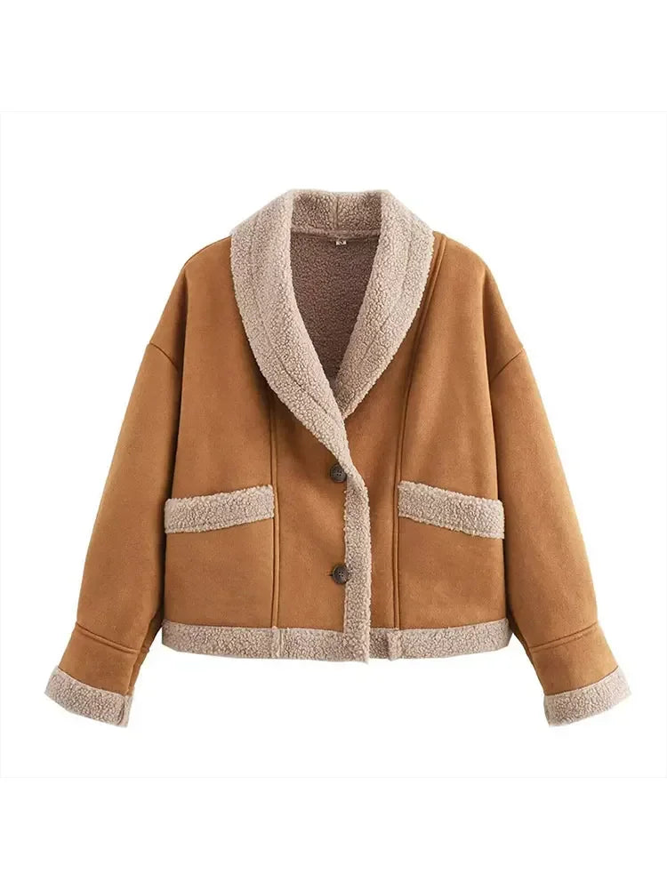 Aiertu  -  Fashion Warm Women Lamb Wool Jackets Casual Lapel Single Breasted Thickened Pocket Coats 2026 Autumn Winter New Lady Outerwear Aiertu