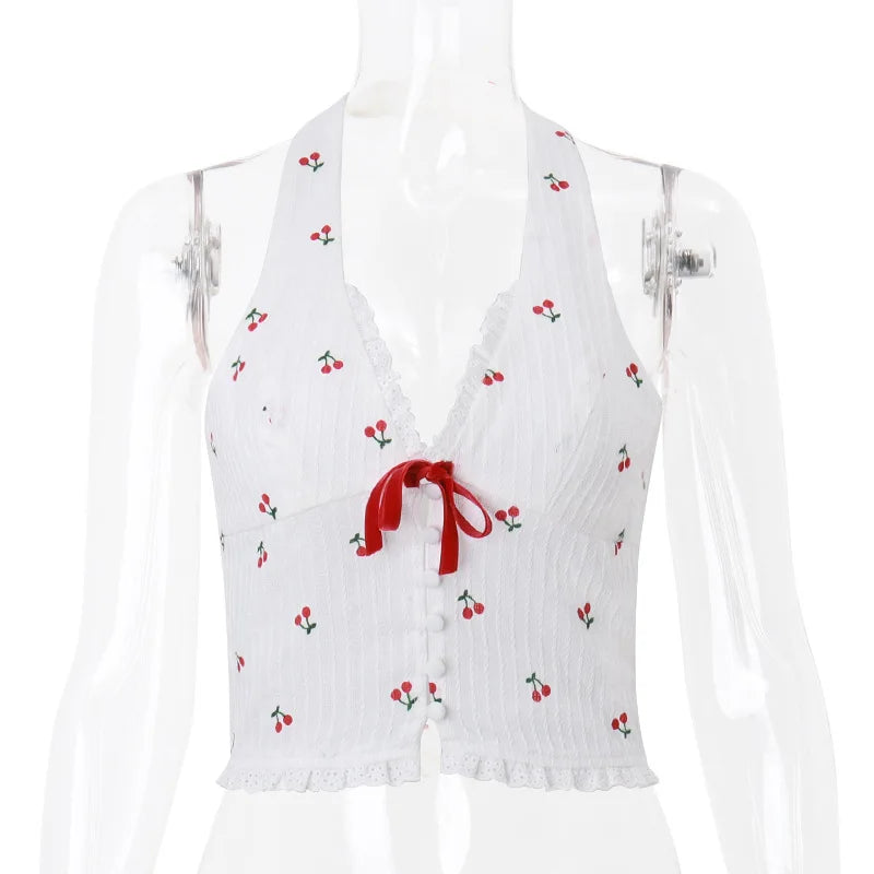 Aiertu  -  Fashion Halter Y2K Tank Tops Lace Bow Detail Outfits Sexy Backless Sweet Top Single Breasted Coquette Summer Aiertu
