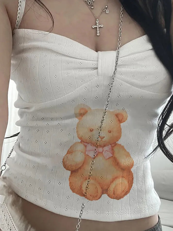 Aiertu  -Bear Print Bow Knit Tank Top aiertu