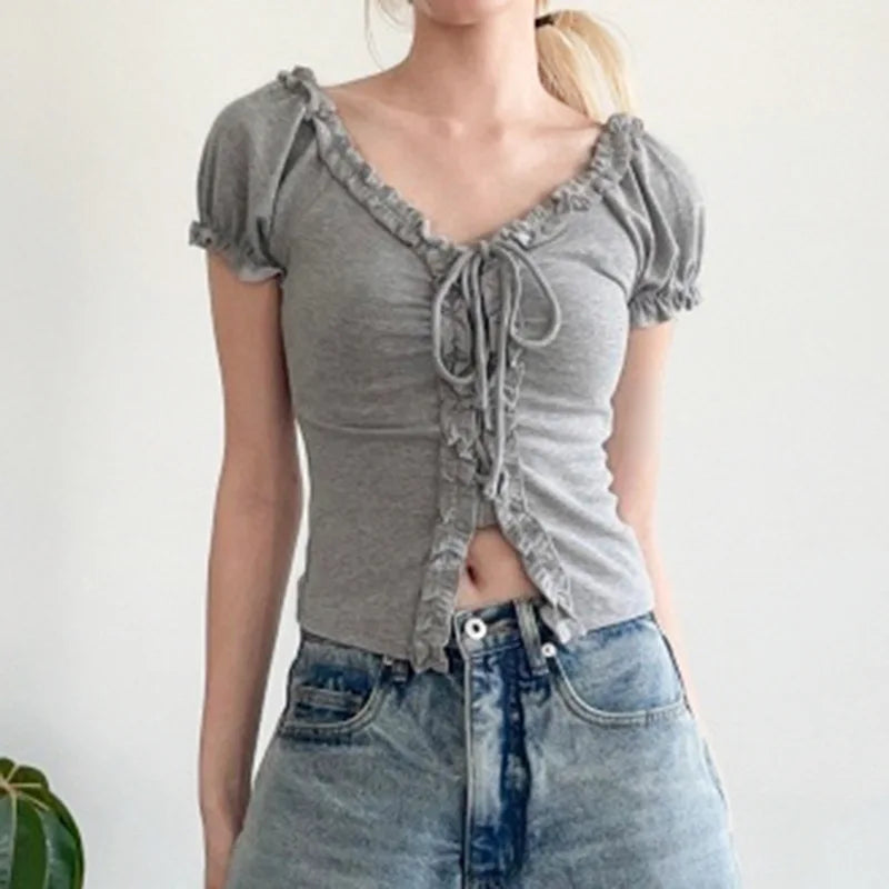 Aiertu  Women Y2k Aesthetic Ruffled Bandage T-shirt Summer Harajuku Fairy Vintage Slim Fit Tees Grunge Cropped Pleated Tops Streetwear Aiertu