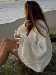 Aiertu  -  White Loose Lazy Sweater Women's Thin Long-Sleeved Pullover Knitted Top Hollow Out Fashion Autumn Female Casual Knitwear Aiertu