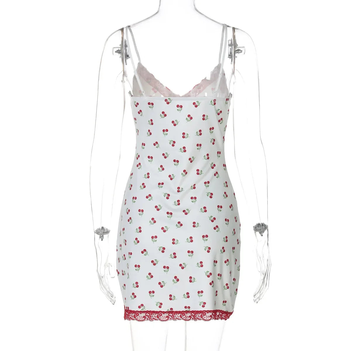 Aiertu  -  Y2K Cherry Printed Lace Patchwork Short Dresses for Women Casual Sexy V-neck Sleeveless Backless Slim Beach Vacation Dress White Aiertu