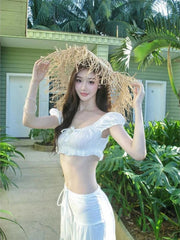 Aiertu  Y2k Aesthetic Two Pieces Sets Women Square Collar Sexy Cropped Tops+Streetwear High Waist Drawstring Skirts 2025 Summer Outfits Aiertu