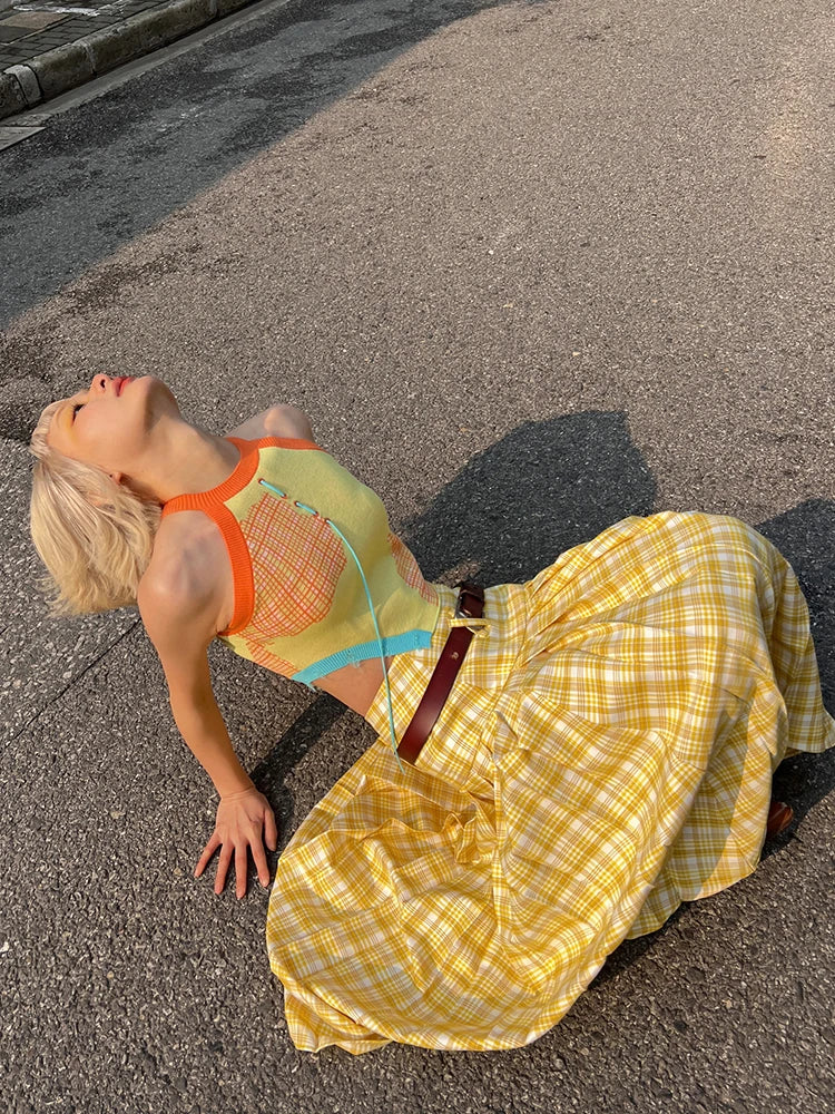 Aiertu  -  Y2k Yellow Checkered Midi Skirt for Women A-line High Waist Pleated Skirt Design Aesthetics Retro Plaid Short Dress Chic Aiertu
