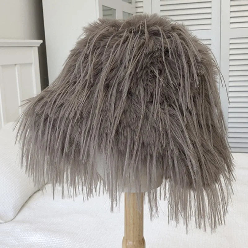 Aiertu  -  Luxury Plush Faux Fur Bucket Hats For Women Fashion Winter Ostrich Feather Female Thicken Warm Fisherman Caps Party Panama Bob Aiertu