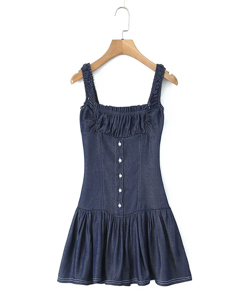 Aiertu  -  Denim Halter Short Dress Cowboy Pleated Flower Bud Slim Fit Sexy Waist Cinching Suspender Women Square Collar Camisole Dresses Aiertu
