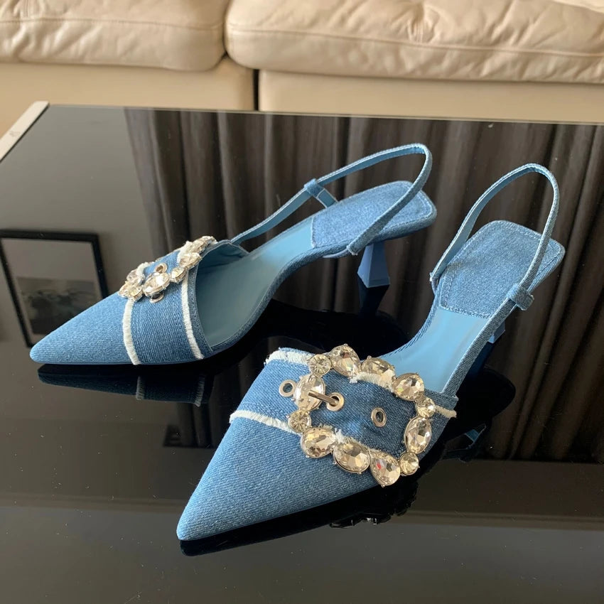 Aiertu  -  Fashion Denim Blue Rhinestone Women Pumps Wedding Bride Shoes Elegant High Heels Slingback Pointed Toe Sandals Ladies Shoes Aiertu