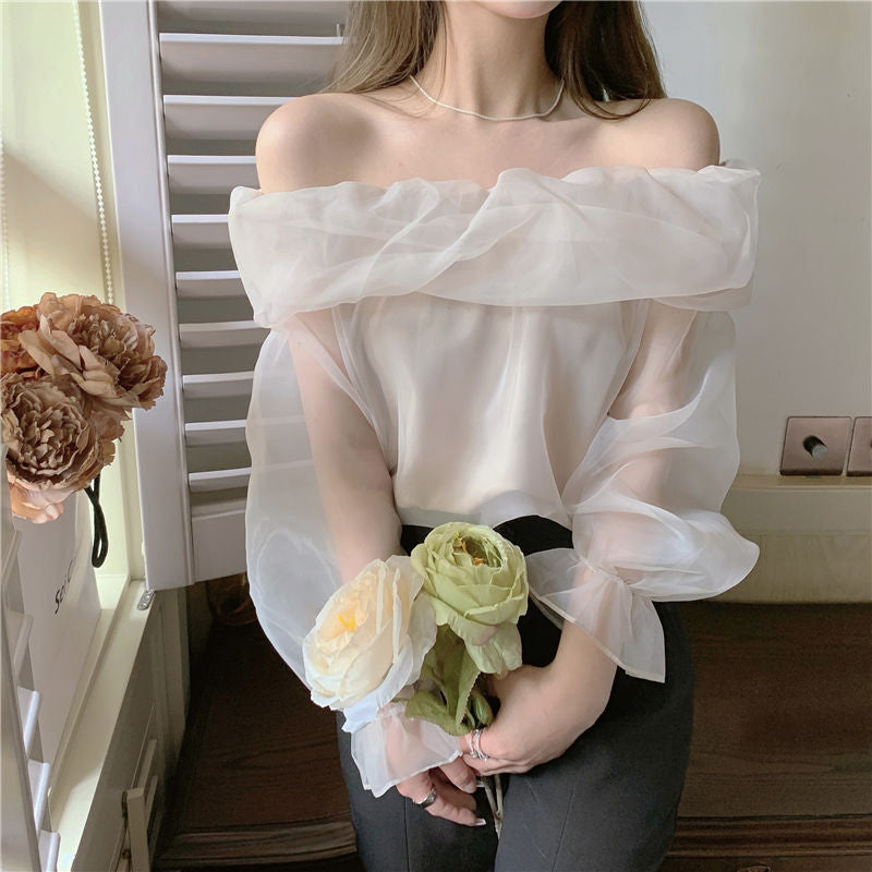Aiertu Slash Neck Shirts Women Sweet Mesh Off Shoulder Blouses Office Lady Korean Fairy Elegant Puff Long Sleeve Slim Chic Tops Aiertu