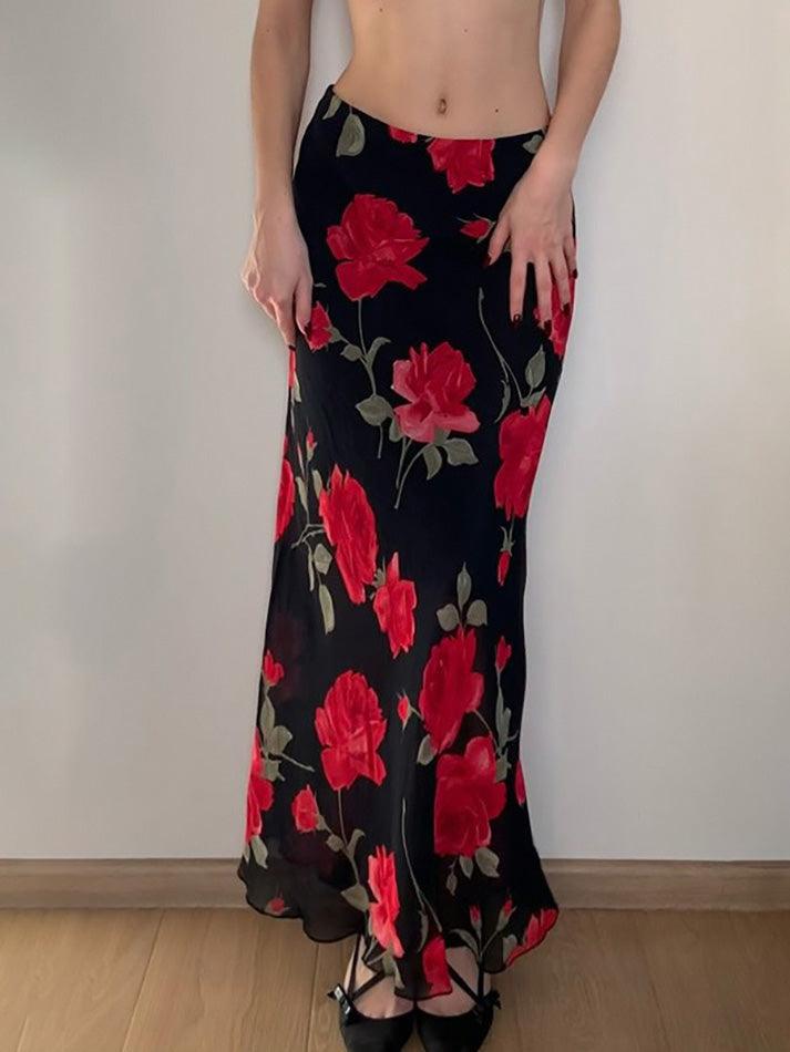Aiertu  -Vintage Floral Print Mesh Layered High-Waist Skirt aiertu