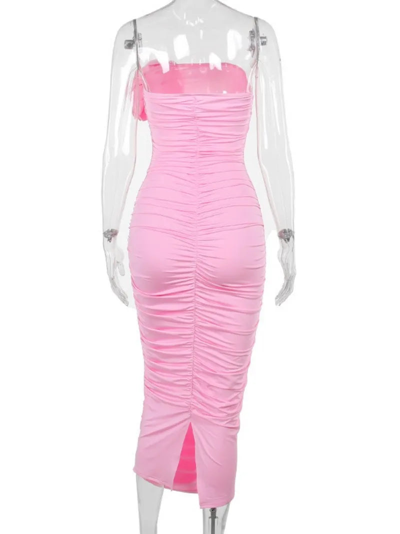 Aiertu  -  Elegant Womens Flower Flower Decoration Pink Dress 2026 Sexy Strapless High Waist Tunics Shirring Slit Mid-calf Evening Dresses Aiertu